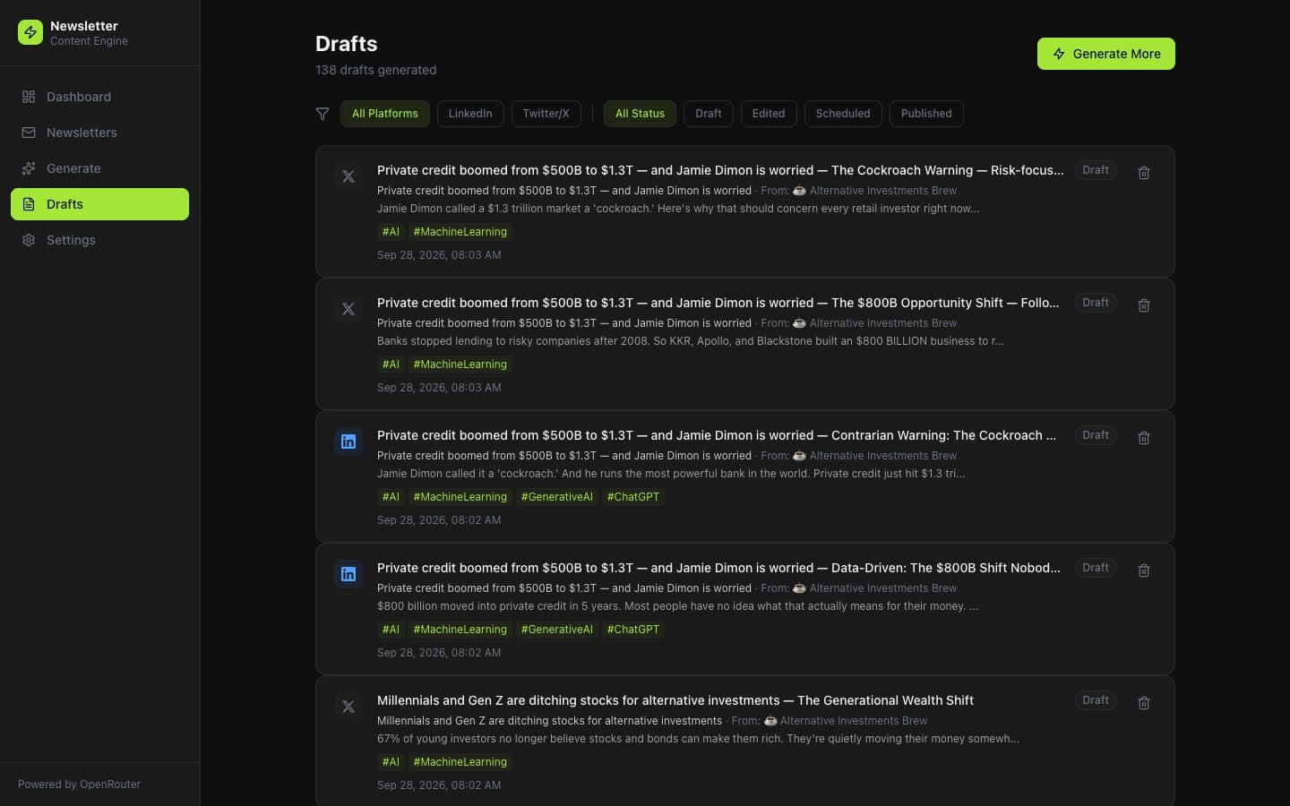 A list of LinkedIn and X drafts generated from one newsletter, each with a title, hashtags, and a status