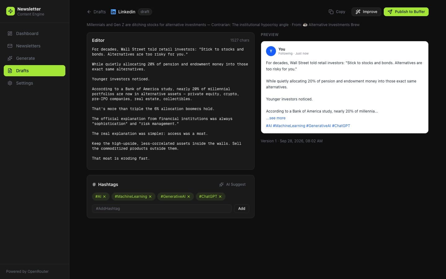 Draft editor with a LinkedIn post on the left, a live preview on the right, hashtags, and a Publish to Buffer button